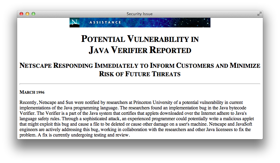 March 1996 Java Bytecode Vulnerability